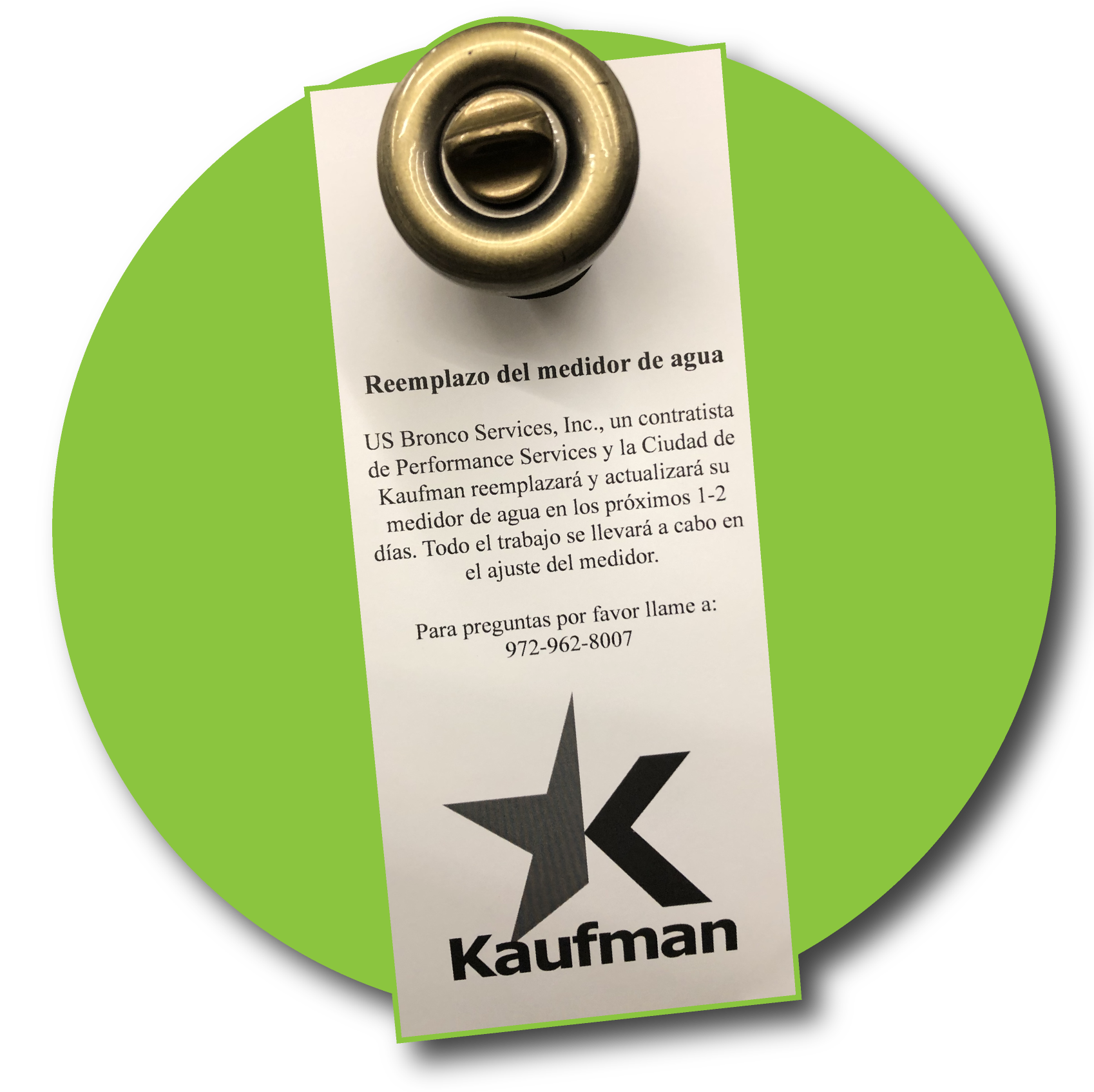 A Traditional Style Doorknob on a Green Background with a Tan Door Hanger with Lorem Ipsum Text and a Kaufman Logo