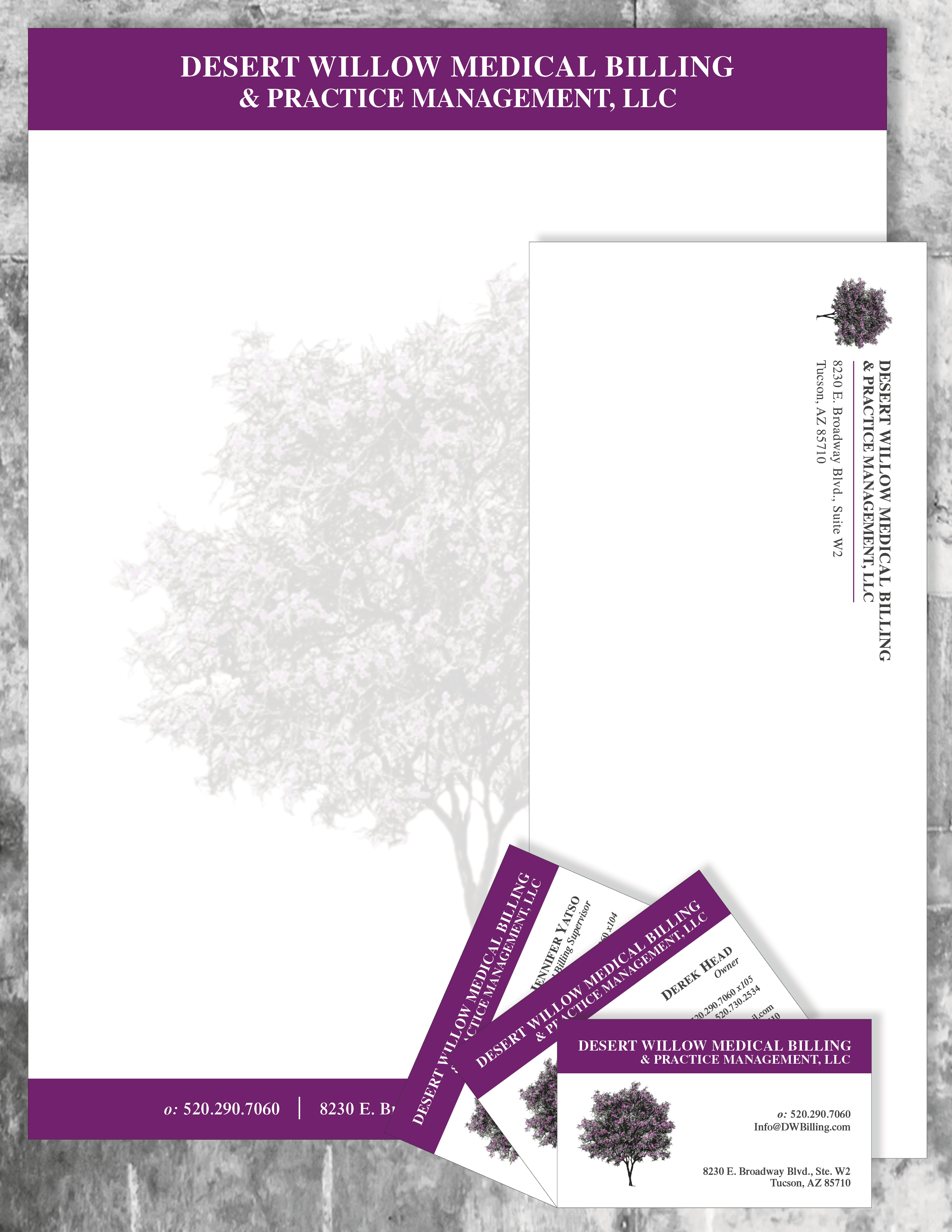 Branding Concept Showing Purple and White Letterheads, Envelopes, and Business Cards for a Business with a Tree Logo