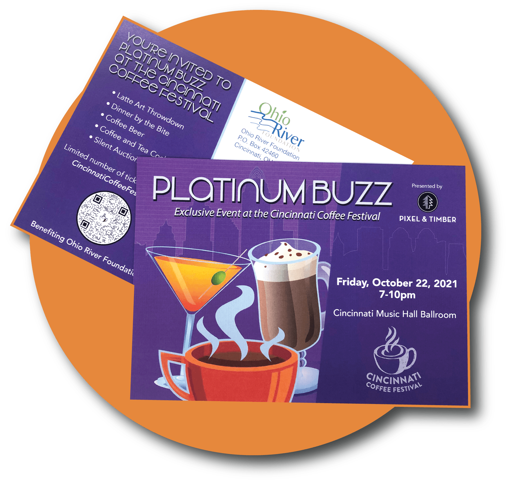 The Front of a Purple Postcard that Says “Platinum Buzz” with Graphics of Drinks and the Back of the Same Postcard Under