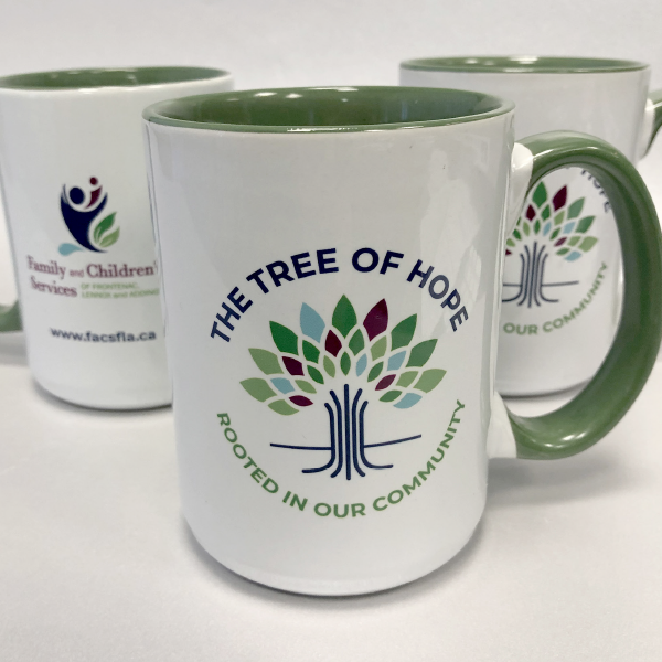 White mugs with green interior with wrap around imprint