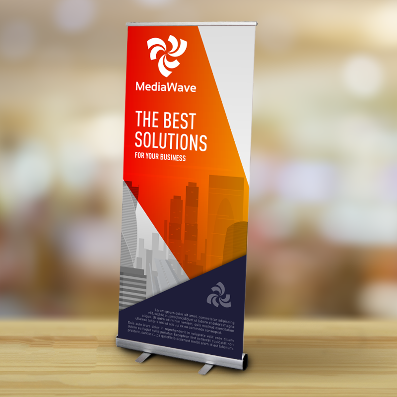 Large event sign on a stand for a company called MediaWave that says, “The Best Solutions For Your Business”. 
