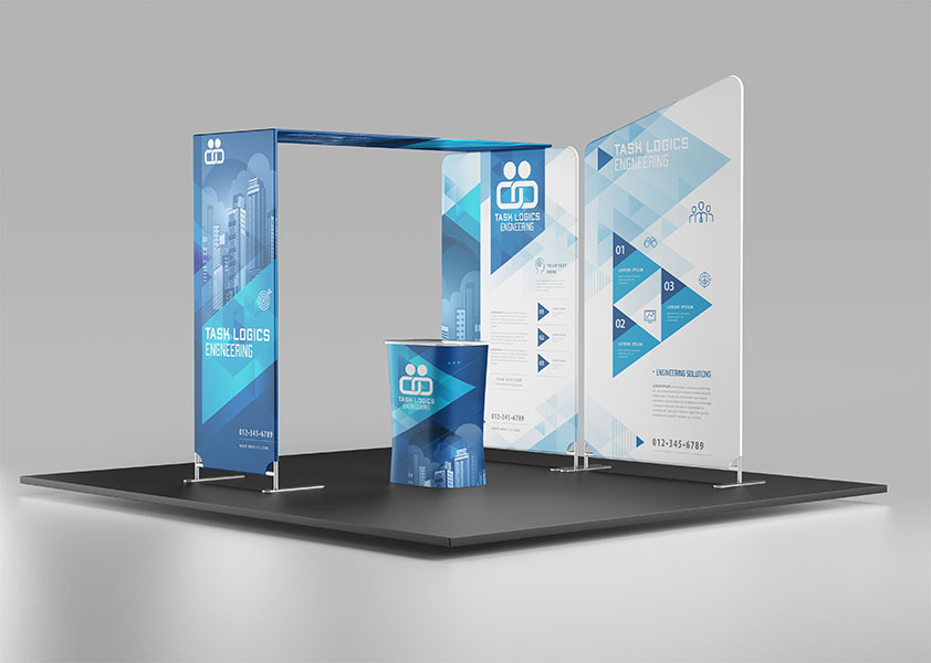 A blue and white professional trade show display for a business. 