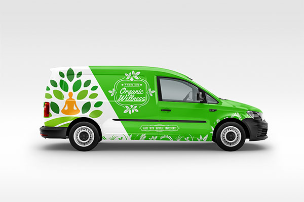 Delivery van with a complete vehicle wrap showing the logo and business name. 