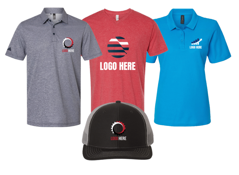 A selection of apparel including tees and ball caps