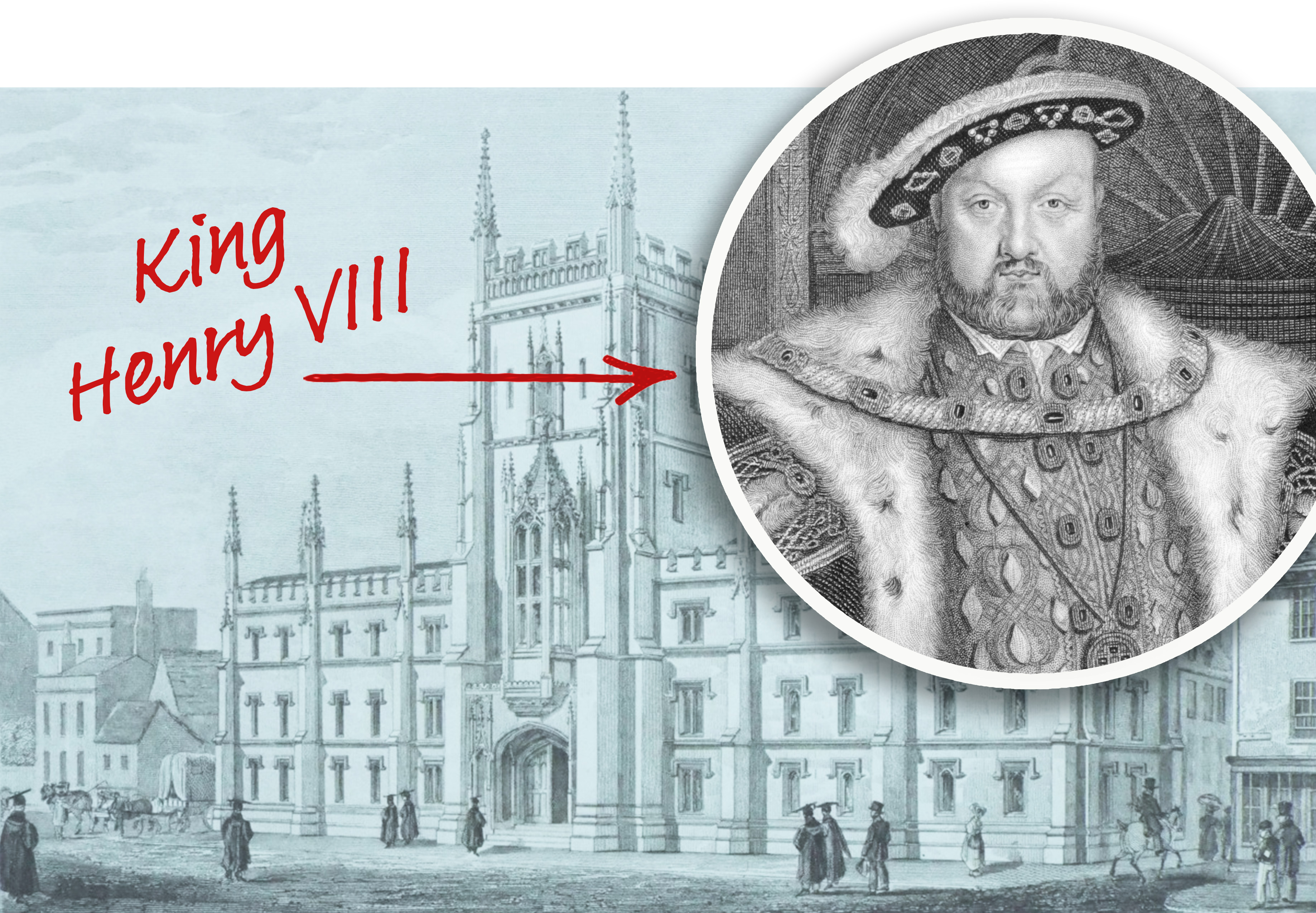 Blue tinted ink drawing of a castle with a black and white ink drawing of King Henry the VIII with his ornate hat and coat