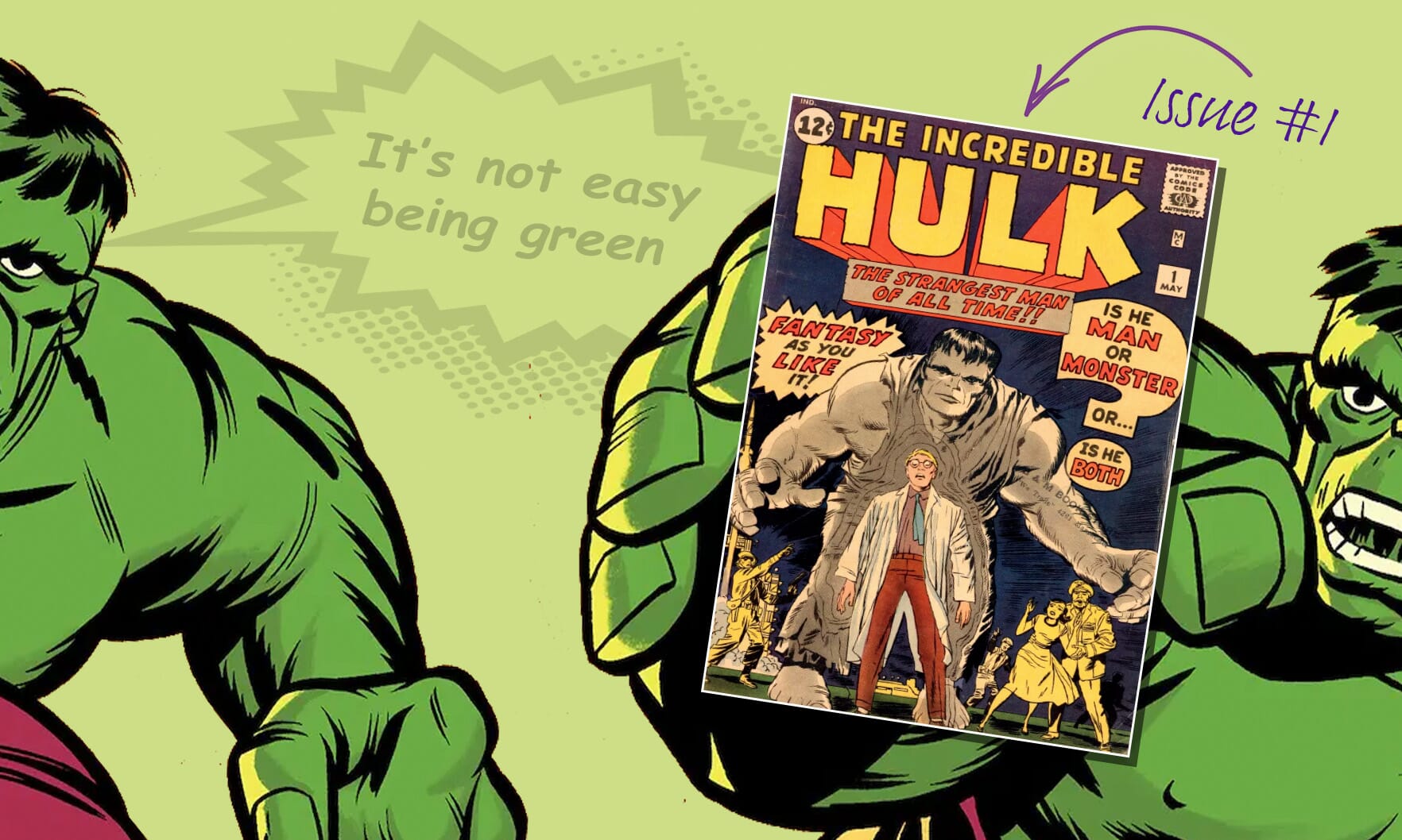 Images of the Incredible Hulk holding the first Issue of The Incredible Hulk Comic