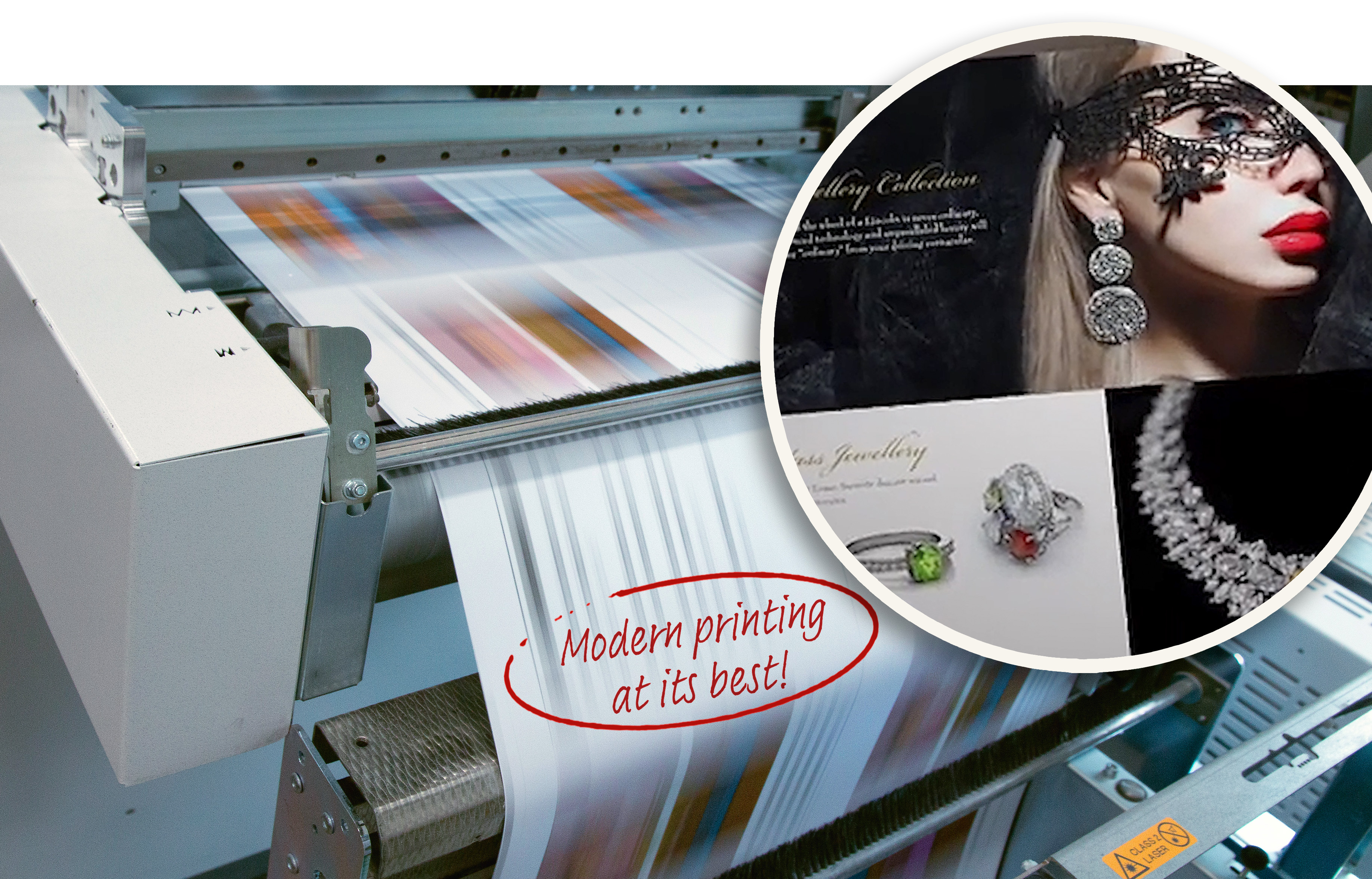 Colorful paper being run off printer with inlay photo of high-end photography
