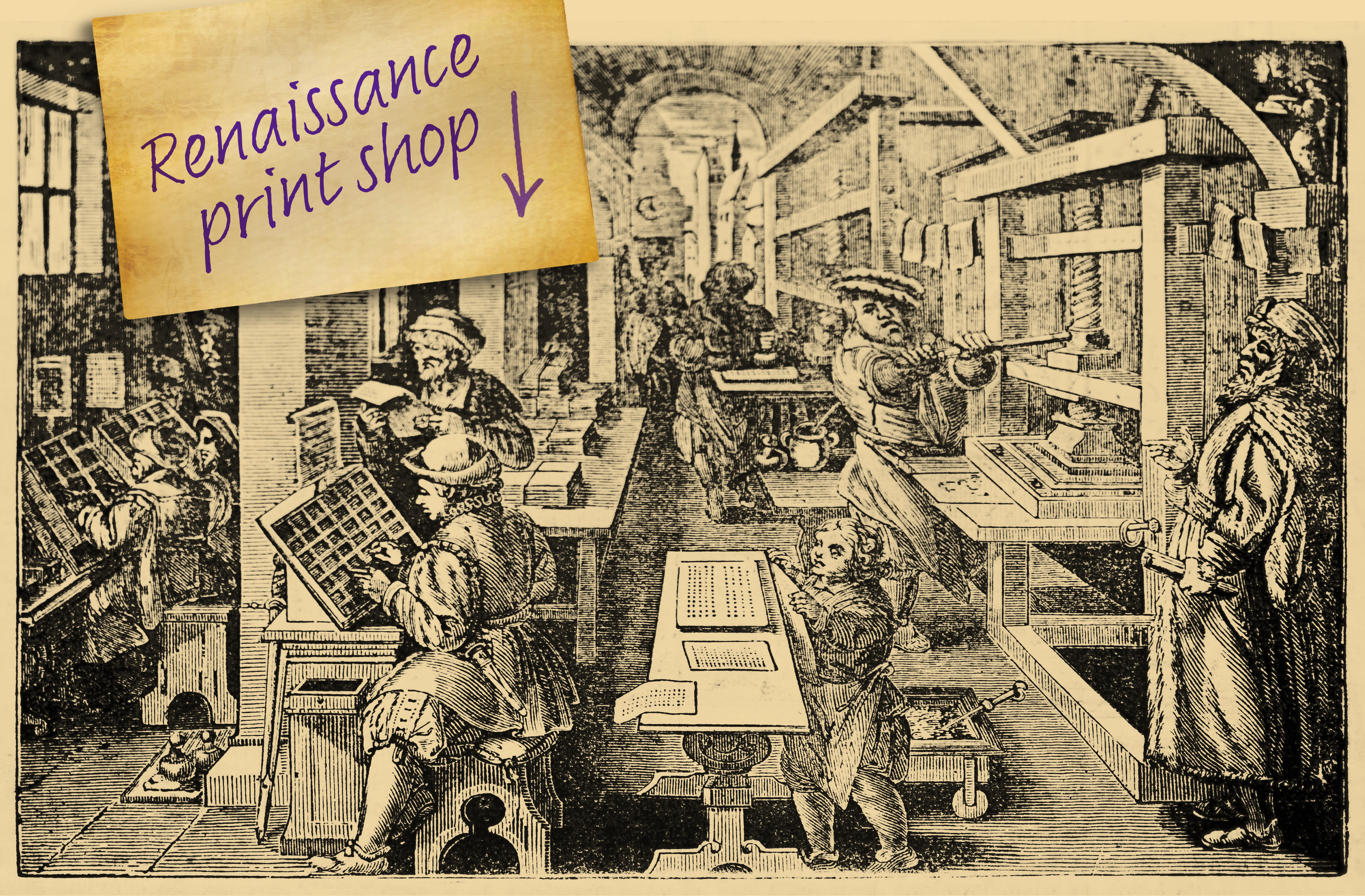 Illustrated pen and ink drawing of a Renaissance Print Shop
