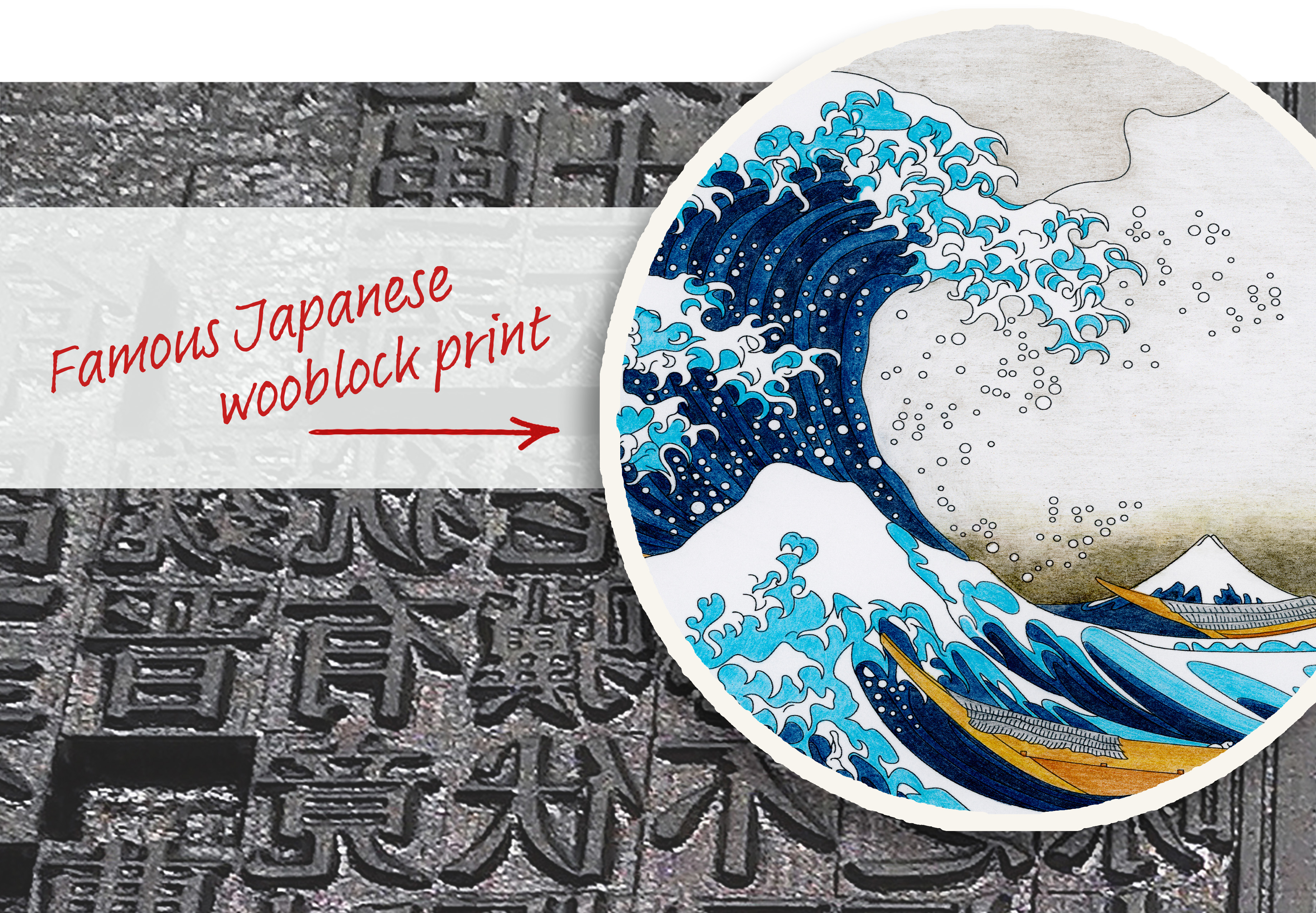 A Photo of a Japanese Woodblock print with Japanese Characters, with an image of woodblock print of The Great Wave off Kanagawa, which is vibrant blue, large towering waves depicting Mount Fuji by artist Katsushika Hokusai (1830)