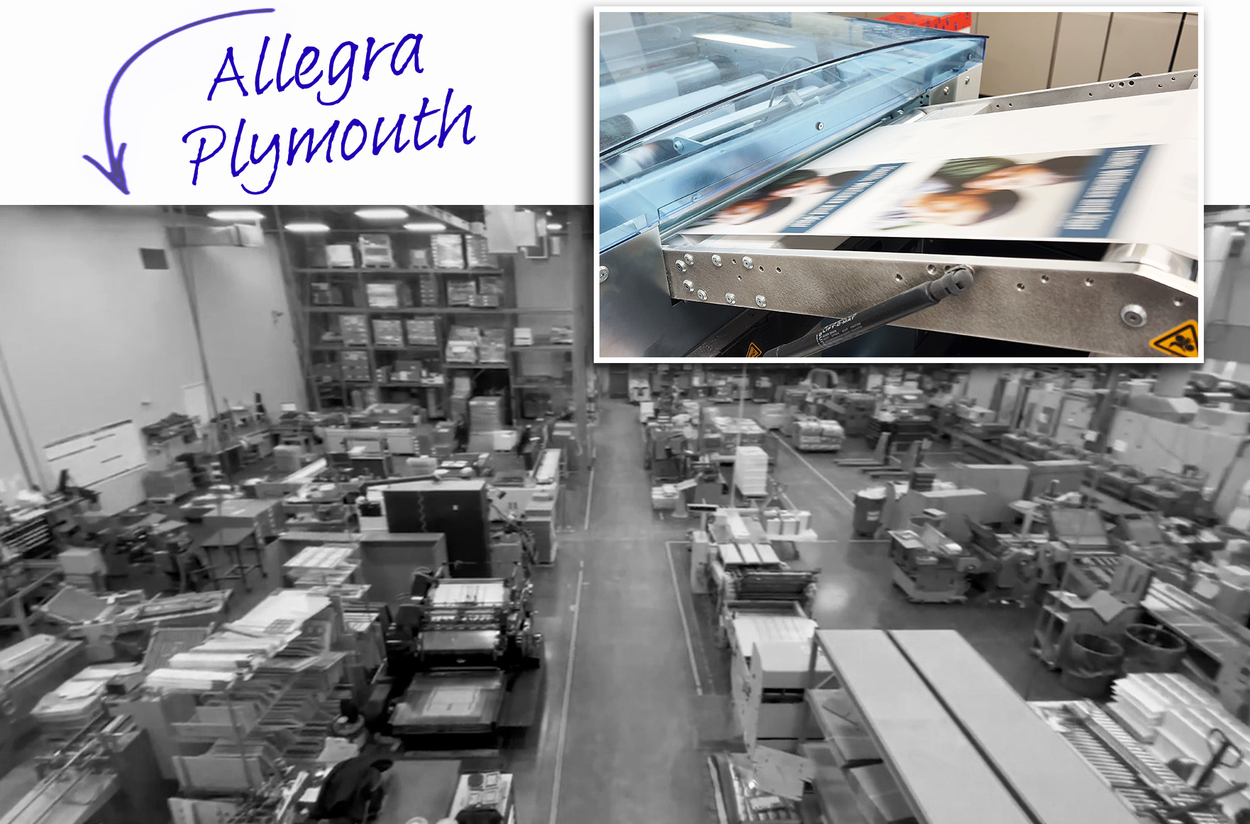 overhead view of. print shotp with inset of a job on press