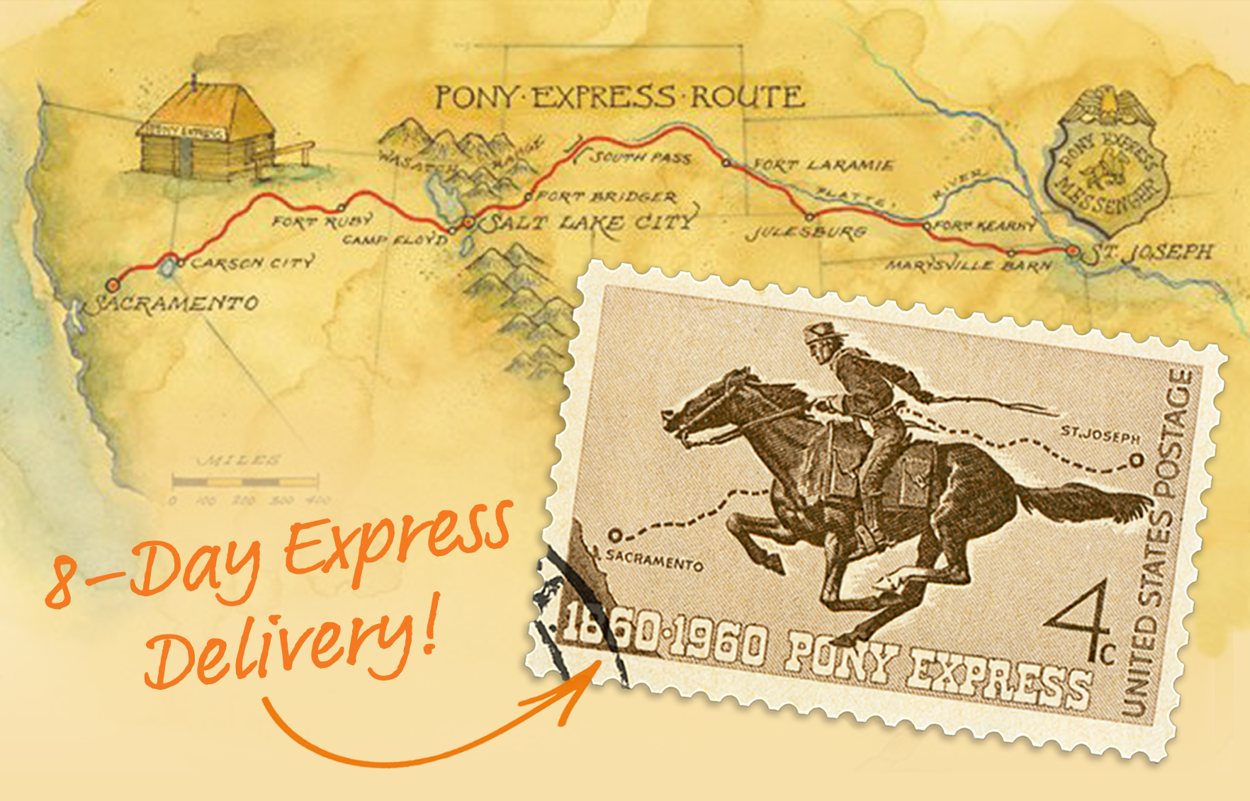 Map of Pony Express Rout and Pony Express Stamp