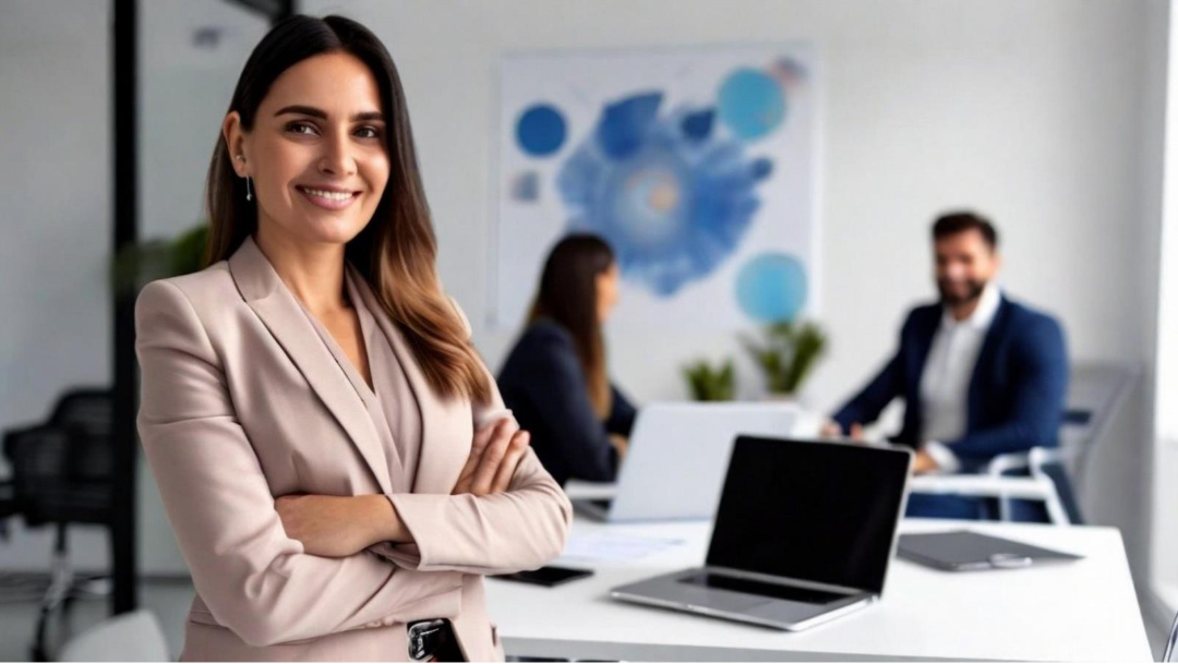 A business woman in a beige blazer standing with her arms crossed and smiling in an office.