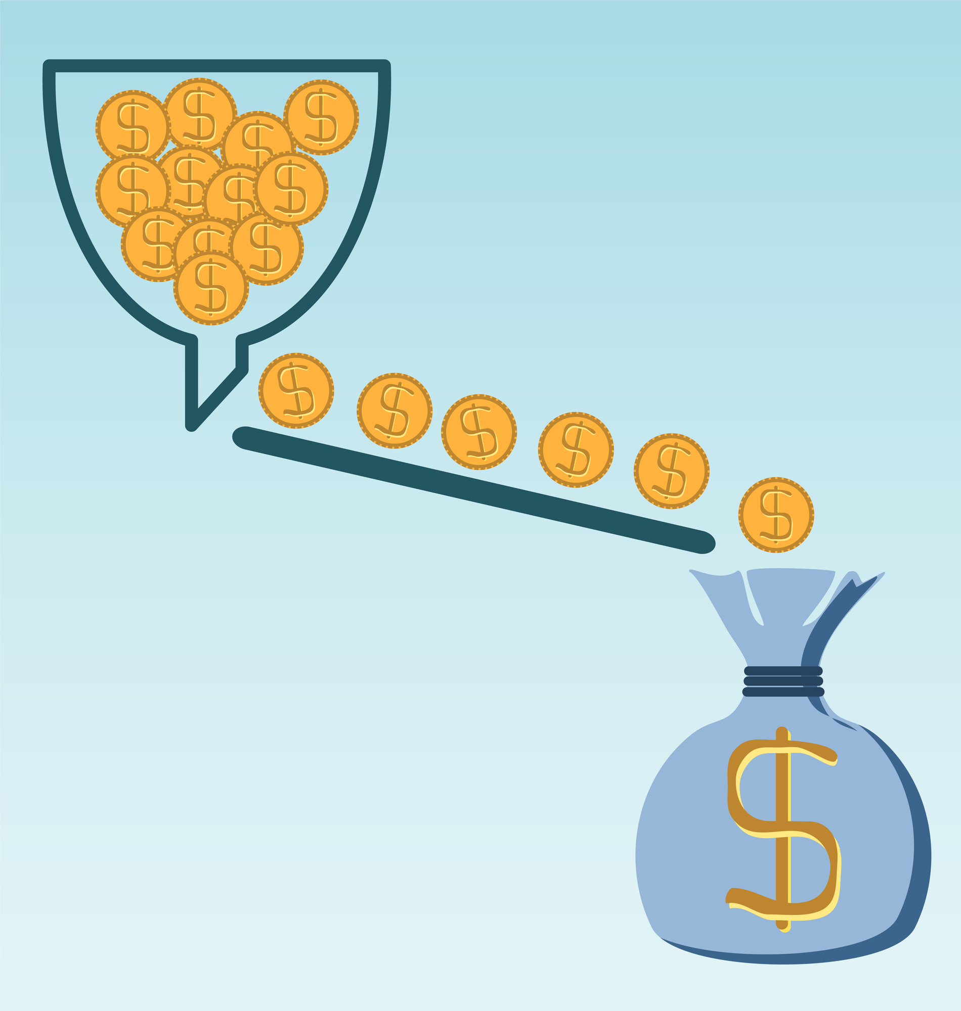 gold coins going through a funnel and into a money bag with a gold dollar sign on the front of the bag