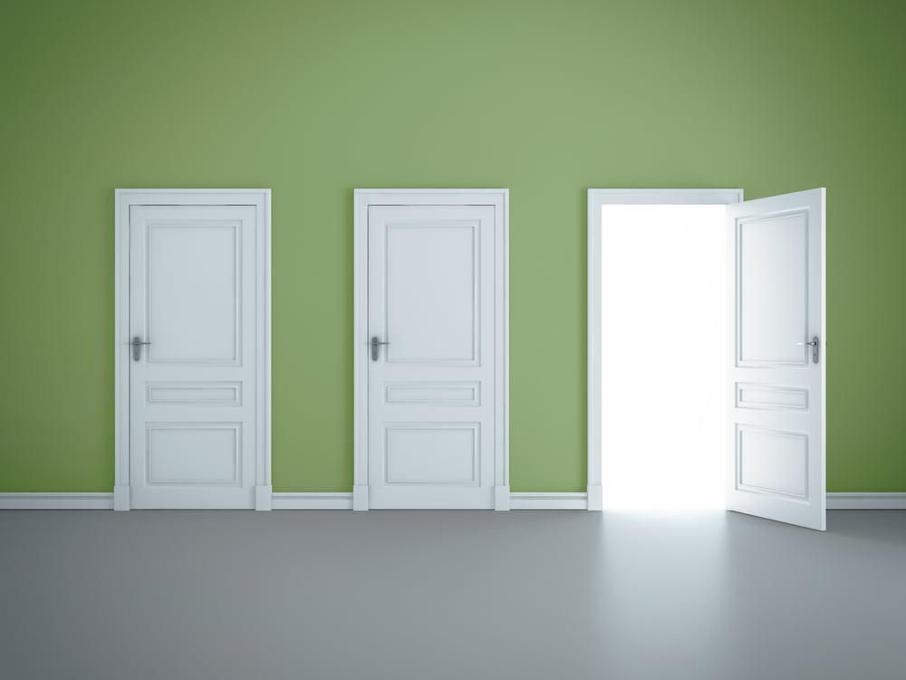 three doors in align with the first two closed and the third open