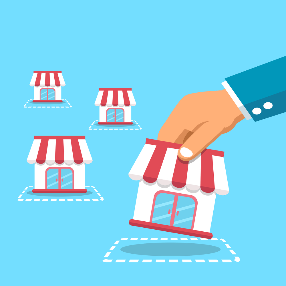 illustration of a hand picking up a storefront out of a line