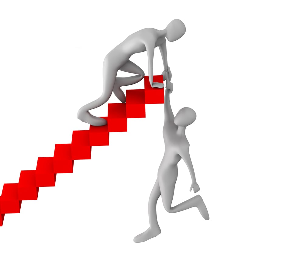 illustrated person pulling a person up off a staircase